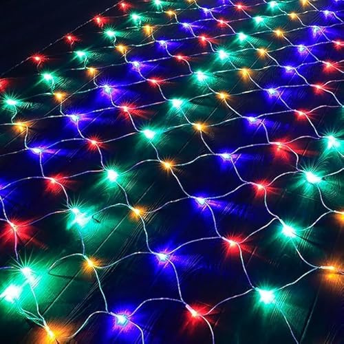 SHANJIA Luces de red de jardín con batería de, 1.5 m x 1.5 m 96LEDs Red de Luz LED,8 Modos Impermeable Cadena de Luces para Navidad Cortina Balcón Decoración (Multicolor)