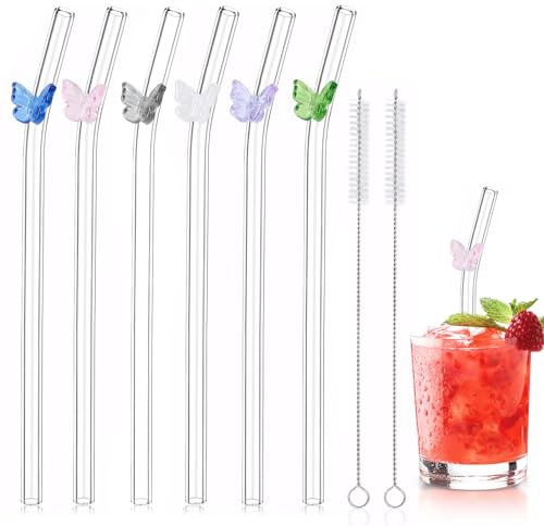6PCS Glass Straws, Coffee Straw with 2PCS Cleaning Brushes, Glass Straws Drinking, with Colorful Butterfly Design, Suitable for Smoothies, Coffee, Cocktails, Tea, Juice, Milkshakes