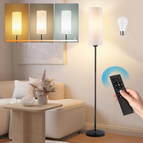 Floor Lamp Grey Standing Lamp with Remote Control, Dimmable Color Temperatures, 9W Bulb Included, Modern Black Pole Standard Corner Lamp with Foot Switch for Living Room Bedroom (Black + White)