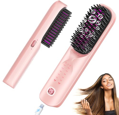 Bopcal Cordless Hair Straightener Brush - Portable Hair Straightening Brush for Travel - 300M Negative Ions for Frizz-Free Shine, Touch Up On-The-Go, Fast Heating, Gift for Women, 10,000mAh
