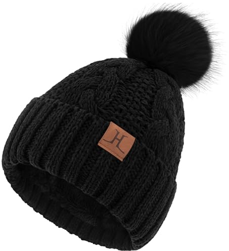 ZASFOU Mütze Damen Winter Beanie mit Fleecefutter Warme Chenille Wintermütze Thermo Zopfmuster Pompom Mützen Strickmütze für Frauen Geschenk