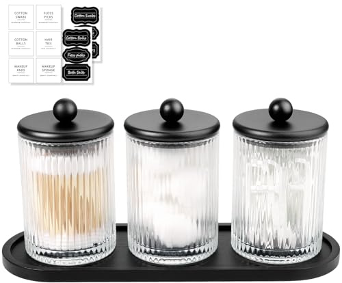 SheeChung 3-Pack Matte Black Glass Apothecary Jars with Bamboo Tray - Modern Industrial Bathroom Organizer Set for Cotton Rounds, Swabs & Flossers - Minimalist Vanity Storage Canister