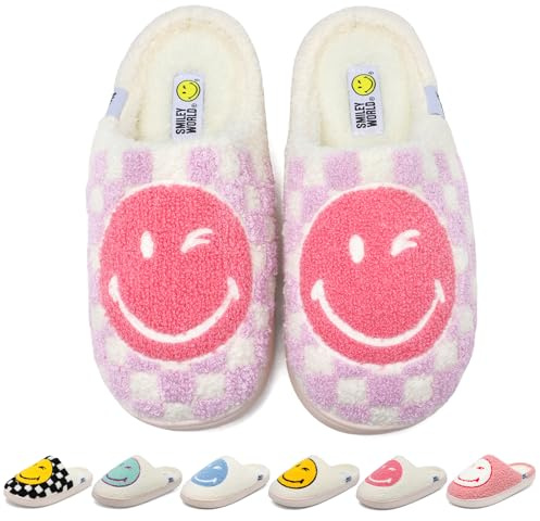 SMILEYWORLD® Zapatillas de felpa para mujer hombre Pantuflas mullidas con espuma viscoelástica Zapatos de felpa cálidos para interiores en invierno, Cuadros morados
