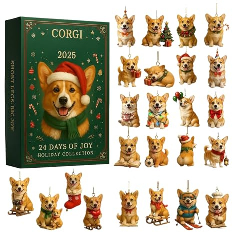 Calendario dell'avvento 2025 con cani | Conto alla rovescia per cani 24 giorni | Ornamenti per cani in acrilico 2D Calendario natalizio | Calendario dell'Avvento con simpatico CorgiPendant | Charm