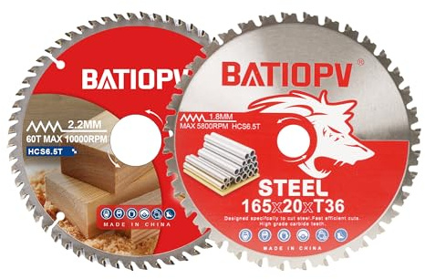 BATIOPV Lot de 2 lames de scie circulaire 165 x 20 mm, 1 lame de scie à bois (60T) pour bois, panneaux d'aggloméré et contreplaqué + 1 lame de scie à métaux (36T) pour acier et aluminium, compatible