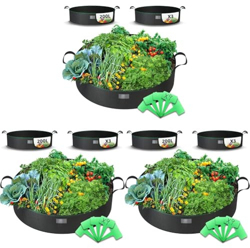 VOUNOT® 3 Piezas Bolsas de Cultivo Huerto Urbano 200L, Maceta de Tela Cultivo de Patatas con Asas y Etiquetas de Plantas, Bolsa de Siembra no Tejida para Papas Tomates Fresas (Paquete de 3)