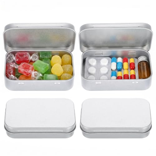 TIESOME 4 Pcs Rectangular Hinged Tins, Silver Metal Portable Storage Boxes, Durable Mini Containers with Lids For DIY, Home Organization, Coins, Gift Cards, Small Items