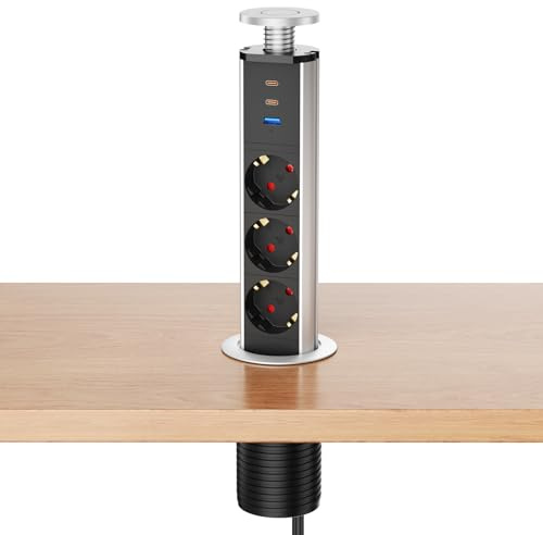 Enchufe empotrable retráctil con 3 Tomas, USB-C PD 30W, Ø60 mm | Regleta empotrable con USB-C2 y USB-A 15W, 4000W/16A, cable 1,8 m, escritorio, cocina y oficina, Plata