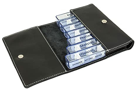 Kibodan Medidos Tablettenbox 7 Tage 4 Fächer – reisefreundlicher Medikamenten und Vitamin-Dispenser mit 4 verstellbaren Fächern. Die perfekte Tablettenbox für vier mal täglich (Schwarz, leder)