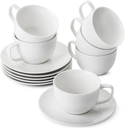 BTaT- Cappuccino Cups with Saucers 7 oz, Set of 6, White Porcelain Coffee Cup and Saucer Set for Latte, Mocha, Tea, Au Lait, Flat White, Dishwasher, Microwave, Freezer and Oven Safe, Mothers Day Gift