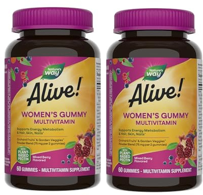 Nature's Way Alive! Women’s Gummy Multivitamin, 16 Vitamins & Minerals, Energy Metabolism*, Hair Skin & Nails*, Vegetarian, Mixed Berry Flavored, 60 Gummies - 2 Pack