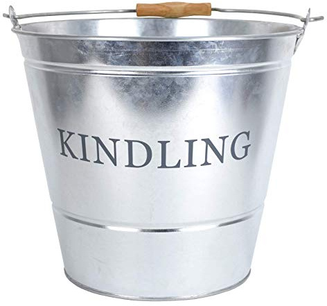 Large Metal Fireside Kindling Bucket with Wooden Handle - Diameter of 32cm (12.5'') - Galvanised Finish