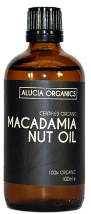 Alucia Organics Olio di noci di macadamia biologico certificato 100ml - puro, naturale, spremuto a freddo, certificato biologico, vegano, cruelty free, per pelle, viso, corpo, capelli, massaggi..