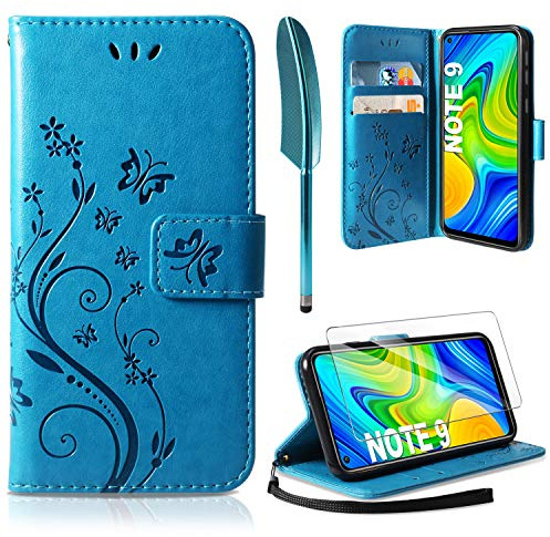 AROYI Funda Xiaomi Redmi Note 9 & Protector de Pantalla, Relieve Dibujo Carcasa de Tipo Libro Soporte Plegable Ranuras para Tarjetas Magnético Ultra-Delgado Case para Xiaomi Redmi Note 11,Azul