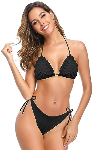 SHEKINI Maillot de Bain Femme Bikini Rembourré Halter Sangle croisée Bikini Femme 2 pièces Réglable Bandage Bikini de Plage Triangle Côtés plissés Bas de Bikini Swimsuit（M，B-Noir）