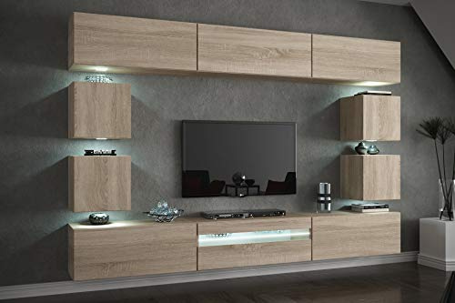FURNITECH Wohnwand Wohnzimmer - Wohnzimmer Möbel mit LED Weiß - Hängend Wohnwand Modern - Wohnzimmer Schrankwand mit Regale und TV Schrank (Future C81-M-S3 1B - 273cm)