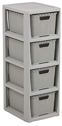 BranQ - Home essential Regal in Rattan Design, BPA-freie Kunststoff PP, Hellgrau, 29,5 x 24 x 64,2 cm, 4 Körben