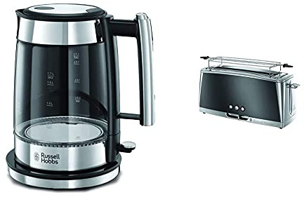 Russell Hobbs Wasserkocher, Glas Elegance, 1.7l, 200W, LED Beleuchtung, Edelstahl, Wasserstandsanzeige & Toaster Langschlitz Luna grau, inkl. Brötchenaufsatz, 6 einstellbare Bräunungsstufen