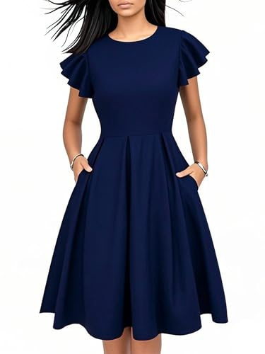 oxiuly Women's Flare Sleeve Scope Neck Church Vintage Dresses Casual Party Cocktail Dresses with Pockets OX376 (Fei NBlue, XL)