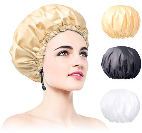 Lot de 3 bonnets de douche, extra larges et réglables et double couche imperméable pour femme, doublure extérieure et EVA, design surdimensionné pour toutes les longueurs de cheveux