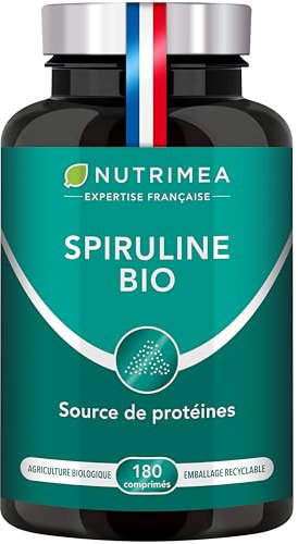 Spiruline BIO - Sans Excipients & OGM - 19% de Phycocyanine - Riche en Protéines, Fer & Antioxydants - Nutrimea - 180 Comprimés Vegan de 500 mg - 2 Mois de Cure - Fabriqué en France