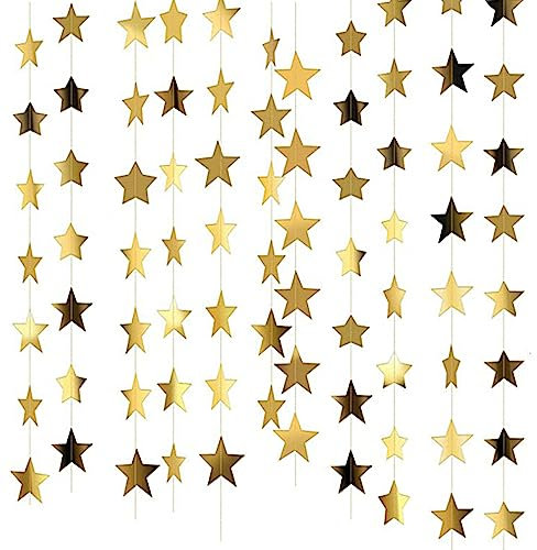 52 Feet Reflective Star Paper Garland, Sparkling Star Bunting Banner Hanging Decoration Twinkle Little Stars Party Garlands Glitter Stars Garland Streamer Kit For Birthday Wedding Banner Backdrop,Gold
