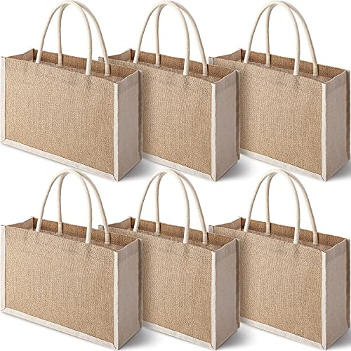 Nuogo 6 Pcs Burlap Gift Bags Jute Tote Bags with Handle Medium Reusable Multipurpose Jute Canvas Favors Tote for Women Bachelorette Bridesmaid Wedding DIY Market Shopping Beach 12.6 x 8.66 x 5.12 in