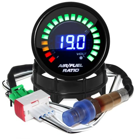 Piousunt Misuratore per auto e carburante, da 52 mm, con display digitale a LED blu con banda stretta O2, sensore di ossigeno, 12 V