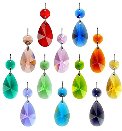 Lot de 12 prismes de lustre en cristal goutte d'eau avec chaîne de perles octogonales en verre pour lustres, fête de mariage, décoration de Noël GOLDENHAITAI (multicolore)