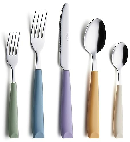 ANNOVA Juego de cubiertos de acero inoxidable, mangos de colores, tenedores, tenedores de ensalada, cuchillo de mesa, cucharada y cucharadita (Mezcla Morandi, 20 piezas)