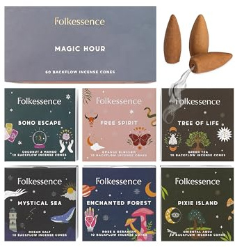 Folkulture Backflow Incense Cones (60 Cones) | Set of 6 Waterfall Insence Cones for Aromatherapy, Relaxation | No Charcoal, Organic, Non Toxic Coconut & Mango, Ocean Salt Scented Inscents-Cones