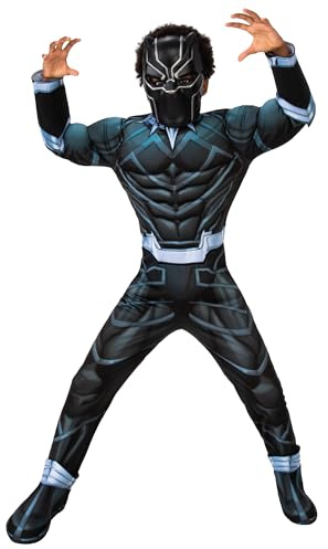 Rubies Deluxe Black Panther Kostüm für Kinder, Jumpsuit mit gepolsterter Brust, Stiefelstulpen und Maske, offizielles Marvel-Kostüm für Karneval, Weihnachten, Geburtstag, Party und Halloween
