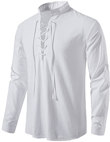 YAOHUOLE Chemise Lin Homme Medievale Chemise en Lin Pirate Chemise Homme Blanc 2XL