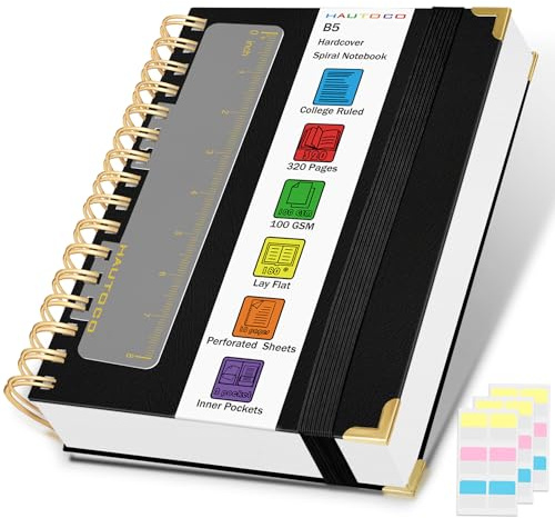 HAUTOCO Notizbuch B5 Liniert, Bullet Dot Journal, Spiral-Notizbücher 320 Seiten/160 Blatt, 100 gsm, Dickes Papier, Hardcover Notizbuch für Arbeit, Büro, Schule, Business, 25 x 17.6 cm - Schwarz