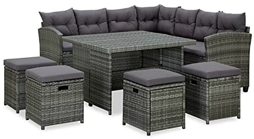 ARKEM 6-TLG. Garten-Lounge-Set mit Auflagen Poly Rattan Grau Balkon Lounge Klein Couch Hocker