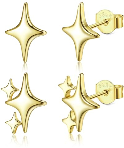 Dochais 2 Paar Stern Ohrstecker für Damen Hypoallergene Silber Gold Ohrringe Set Sterling Silber 925 Kleine Mädchen Sterne Ohrringe Stecker Schmuck Geschenk für Frauen Knorpel Helix Conch Piercing