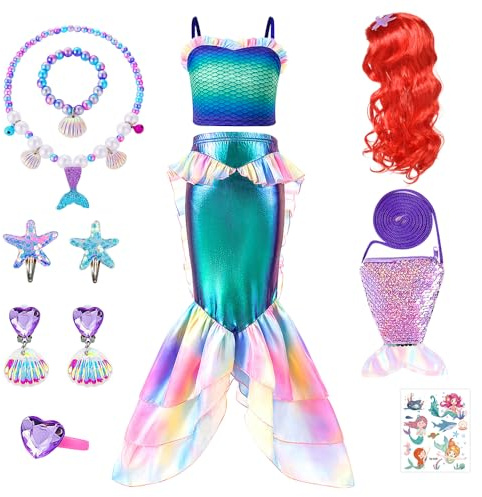 Meerjungfrau Kostüm Mädchen, Prinzessin Kleid mit Perücke, Halsketten Set | Meerjungfrau Prinzessin Kostüm Kinder, Geschenke für Mädchen, Blau Meerjungfrau Kleid für Cosplay, Karneval und Party