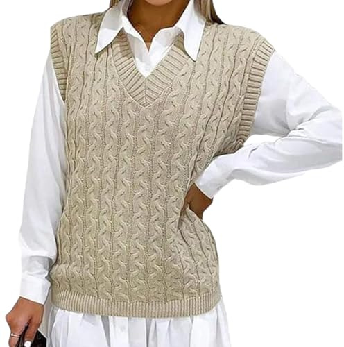 Sleeveless Jumpers for Women Plain Ladies Chunky Knit Vest Womens Knitted Winter V Neck Tank Top Cable Sweaters Pull Over Soft Casual Outwear Sleeveless Jumper Plus Size UK (Beige, 20-22)