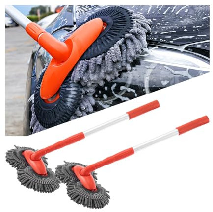 JNNJ Mopa De Microfibra para Coche Mopa De Limpieza, Mopa De Lavado Retráctil Y Desmontable, Cepillo Lavado Doble Cabezal con Rotación 360 Grados, Cepillo Doble Cabezal para Lavar Coches(Juego de 2)