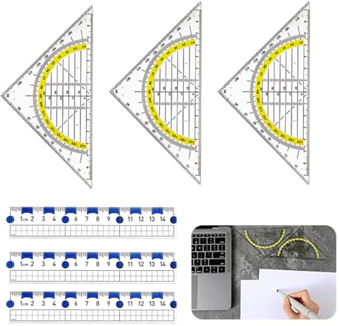 3 Stück Geodreieck aus Kunststoff mit 3 Stück Transparent Lineal, bruchsicher und transparent Geodreieck, Zeichendreieck Winkelmesser Set für Kinder Schule,Flexibel Geo Kreisschablone