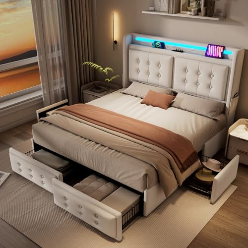 Ymkua Polsterbett Doppelbett Bett 180x200 cm mit LED-Kopfteil, Jugendbett mit 4 Stauraum Schubladen und USB-Typ-C Ladefunktion, Stauraumbett Bettgestell mit Lattenrost, Beige, Baumwolle, Ohne Matratze