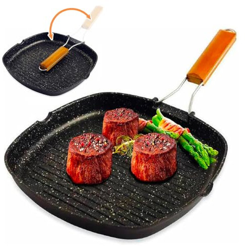 Avilia Padella Quadrata Antiaderente 28cm per Grigliare in Alluminio Apressofuso e con Manico in Legno Pieghevole - Ideale per Preparare Bistecche o Verdure Grigliate - Resistente e Facile da Pulire