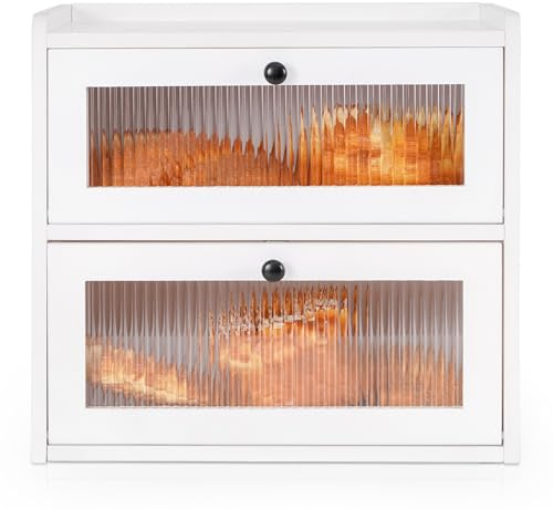 GUUSII HOME Bread Bin Wooden Breads Storage Box for Kitchen Countertop Double Decker Large Food Container Homemade Front Opening Vintage Tall Fruit & Veg Cupboard Keep Fresh 36.5x24x34 cm(White, L)