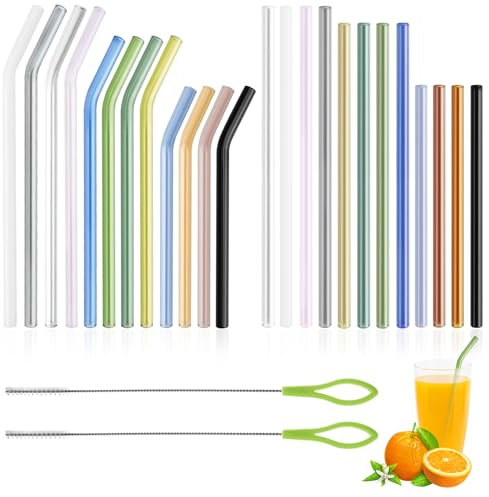24pcs Glass Straws, Reusable Drinking Straws with 2 Cleaning Brushes, Clear Straws 12 Bent Strawss and 12 Straight Strawss for Cocktails Smoothies Juices Goblet Milk Tea Cup Juice Glass