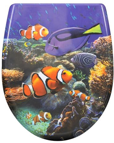 eSituro Abattant de Toilette, Siège WC en Forme de O à Fermeture Douce, Montage par le Haut, Déverrouillage Rapide, Charnières Réglables à 360°, en Duroplast, Poissons tropicaux