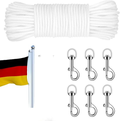 Fahnenmast Seil, 20M Fahnenseil mit 6 Stück Zink-Gold Universalhaken, Weiß Nylon Flaggenseil, Fahnenmast Zubehör für Garten, Heimseil, Zelt, Outdoor, Camping, Wäscheleine, Himmelsvorhang