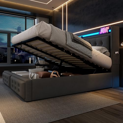 Kayan Polsterbett 180x200cm, Doppelbett mit Stauraum und Lattenrost, LED Kopfteil mit USB Ladefunktion, Stauraumbett Funktionsbetten Rückenlehne Bettgestell, Baumwolle (Grau 1, 180x200cm)