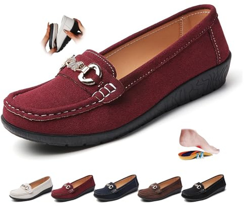 ZPLMIDE Mocasines ortopédicos de piel de ante para mujer, estilo retro, mocasines para conducir, cómodos, sin cordones, zapatos náuticos de moda, tacones de cuña, Burgundy, 43 EU