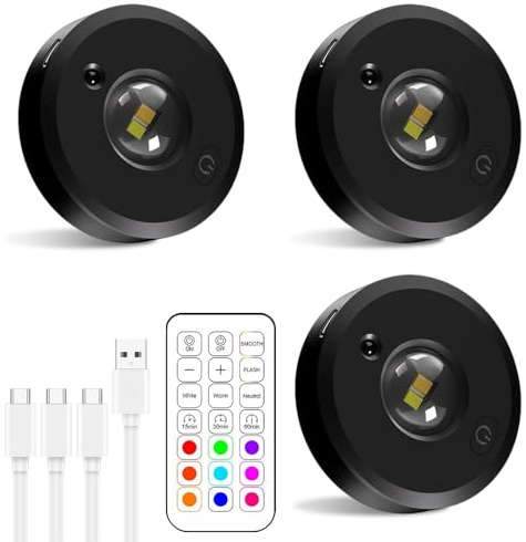 KUWUNG USB Aufladbar LED Spots Akku, RGB USB Farbwechsel Schrankbeleuchtung Kabellos mit Fernbedienung, Rund Indirekte Beleuchtung mit 3 Farbtemperaturen Timer (3 Stück)