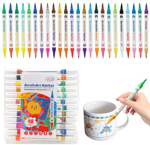 LOMUG 24 Stück Porzellanstifte Spülmaschinenfest, Porzellanmalstifte mit Doppelspitze, Glasmalstifte Filzstifte zum Bemalen von Tassen Töpferwaren Kleidung Keramik Stein Holz Metall, 48 Farben